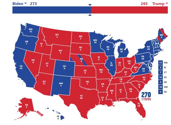 Scenár, v ktorom Biden prehrá Arizonu aj Nevadu, ale zvíťazí v Pensylvánii. Zdroj – 270towin.com