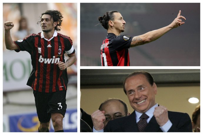 Paolo Maldini (vľavo), Zlatan Ibrahimović (hore) a Silvio Berlusconi (dole). Foto - TASR/AP, koláž N