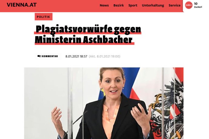 Portál vienna.at píše o plagiátorstve rakúskej ministerky Christiny Aschbacherovej. Sporný titul získala aj na Slovenskej technickej univerzite. Reprofoto – N