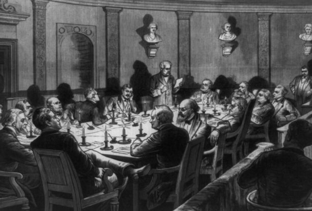 Tajné stretnutie Volebnej komisie v budove Najvyššieho súdu vo februári 1877. Ilustrácia: Kongresová knižnica