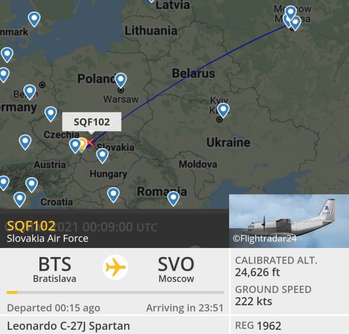 Let slovenského Spartanu do Moskvy podľa webu flightradar24.com.