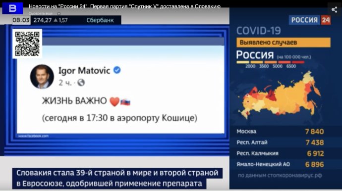 Matovičov status v ruskej televízii v azbuke, hoci v origináli ho písal v slovenčine. Foto - Rossija 24