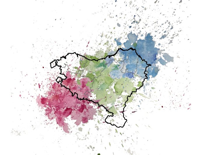 Genetický mix v Baskicku, ktoré sa nachádza na území Španielska a Francúzska. Zelená symbolizuje Baskov, kým modrá a červená miešanie s blízkymi populáciami. Foto - Institut de biologia evolutiva