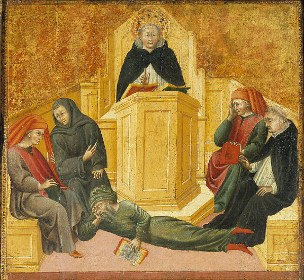 Giovanni di Paolo: Sv. Tomáš Akvinský privádza Averroa do pomykova (cca. 1445-1450). Zdroj: commons.wikimedia.org