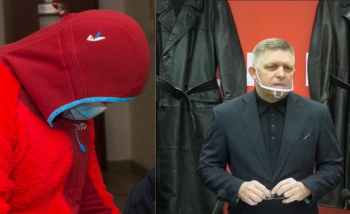 Marián Kučerka a Robert Fico s gestapáckami kabátmi. Foto - TASR a záber z videa Smeru