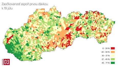 Vaccination of Slovak municipalities from 19 July 2021. Cartogram - Diary N / Daniel Kerekes, data source - IZA, SO, own calculations.