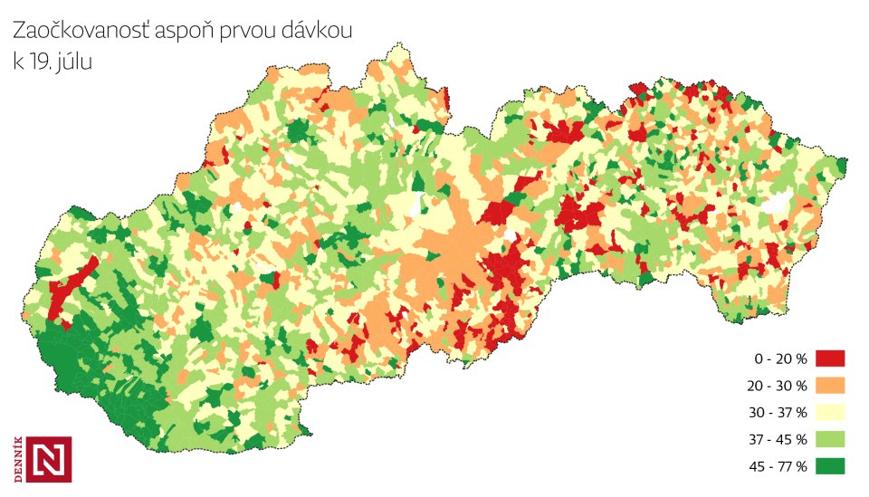 Zaočkovanosť slovenských obcí k 19. júlu 2021. Kartogram - Denník N/Daniel Kerekes, zdroj dát - IZA, ŠÚ, vlastné výpočty.