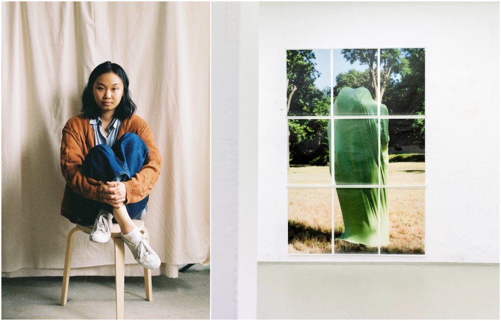 Kvet Nguyen na fotografii Zuzany Jakabovej a pohľad do inštalácie výstavy Vzájomná inakosť. Foto - Kvet Nguyen