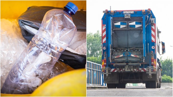 PET fľaša so zariadením na sledovanie polohy, ktorému sa podarilo odsledovať, že smetiarske autá vozia odpad tam, kde sa z neho vyrába palivo pre cementárne. Koláž a foto N - Tomáš Grečko