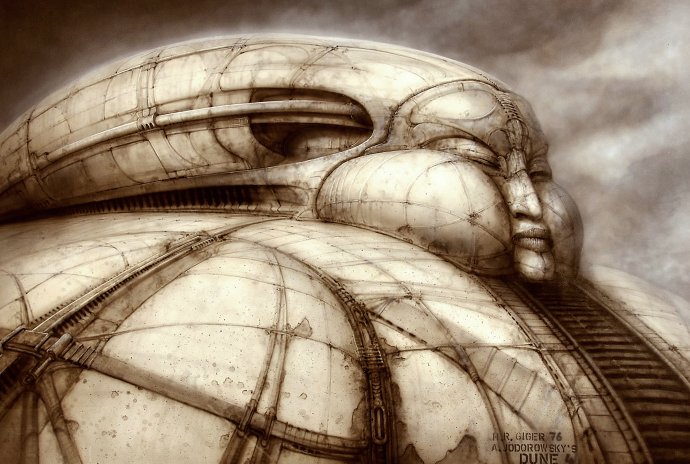 Ilustrácia H. R. Gigera k projektu filmu Duna. Zdroj - Archive.org