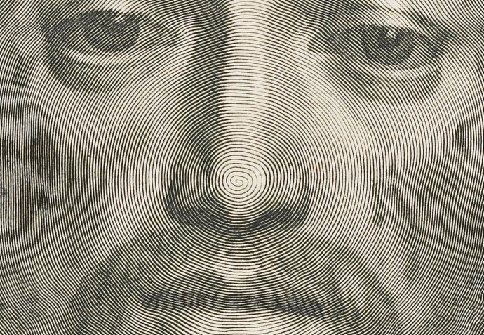 Claude Mellan - Kristova tvár na Veronikinom rúšku (1649) (detail).