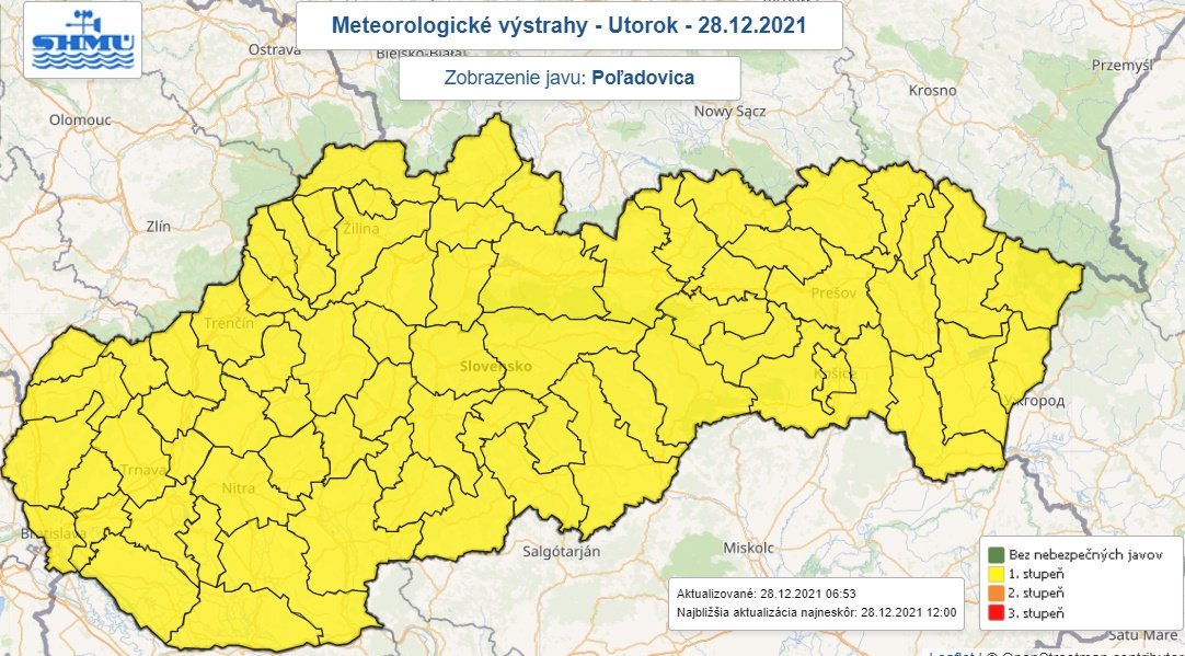Na celom Slovensku platí výstraha pred poľadovicou. Zdroj - SHMÚ