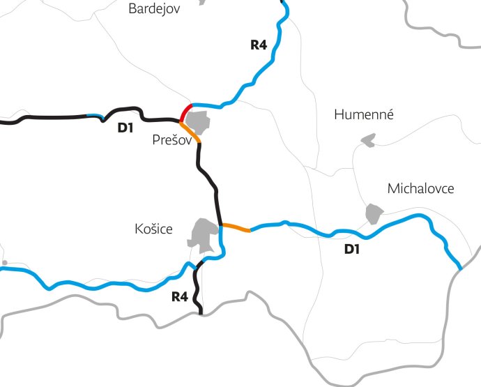 Červenou rozostavané, čiernou hotové diaľnice a rýchlostné cesty. Oranžová farba značí úseky odovzdané šoférom v posledných piatich rokoch, modrou sú plánované, medzi nimi juhovýchodný obchvat Košíc.