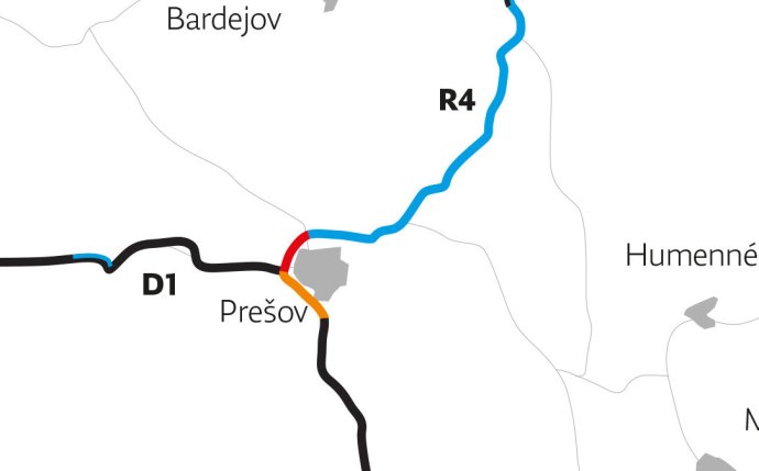 Červenou rozostavané, čiernou hotové diaľnice a rýchlostné cesty. Oranžová farba značí úseky odovzdané šoférom v posledných piatich rokoch, modrou sú plánované, medzi nimi druhá etapa severného obchvatu Prešova.