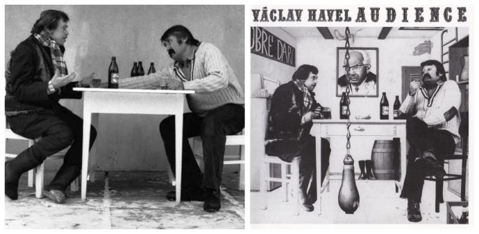 Václav Havel a Pavel Landovský pri nahrávaní Audiencie v Mertovom byte a obal albumu. Foto – Ivan Kyncl