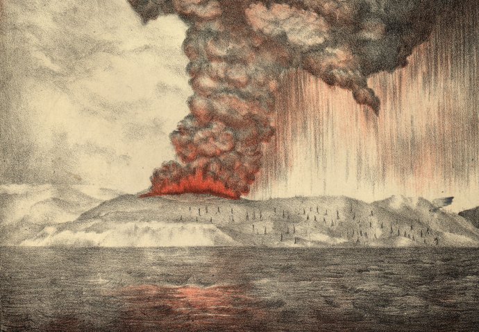 Kresba zobudenej sopky Krakatoy z roku 1888. Zdroj - Wikimedia