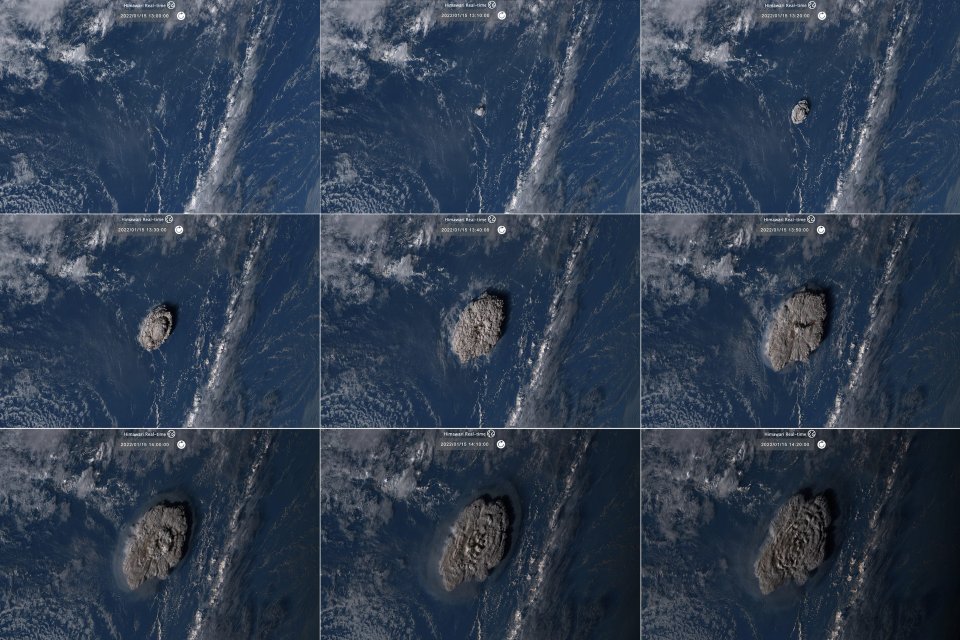 Satelitné zábery z japonskej družice, ktoré zachytávajú výbuch sopky. Foto - TASR/AP