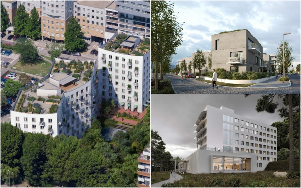 Bratislava chce stavať bytové domy na Muchovom námestí v Petržalke (vľavo) a aj na Terchovskej ulici v Ružinove (vpravo hore). Nové nájomné byty chce získať aj prestavbou internátov v Záhorskej Bystrici (vpravo dole). Vizualizácie – Magistrát hlavného mesta SR Bratislavy