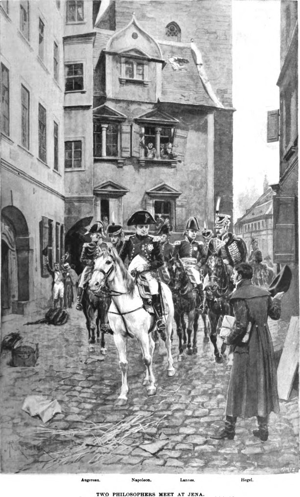 Hegel a Napoleon v Jene. Ilustrácia z časopisu Harper's z roku 1895. Hegel sa o stretnutí vyjadril v zmysle. že videl "svetového ducha prichádzať na koni." Zdroj: commons.wikimedia.org