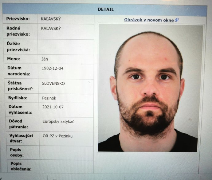 Ján Kaľavský v databáze ľudí, po ktorých je vyhlásené pátranie. Reprofoto N - webová stránka Ministerstva vnútra SR
