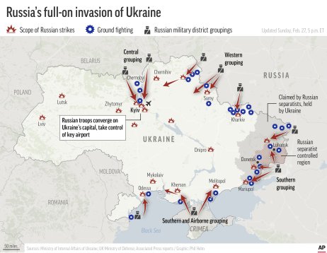 Mapa ruskej invázie na Ukrajine. Zdroj – TASR/AP