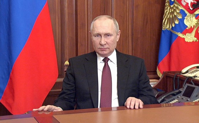 Prejav Vladimira Putina, ktorý spustil vojnu na Ukrajine. Foto - TASR/AP/Russian Presidential Press Service
