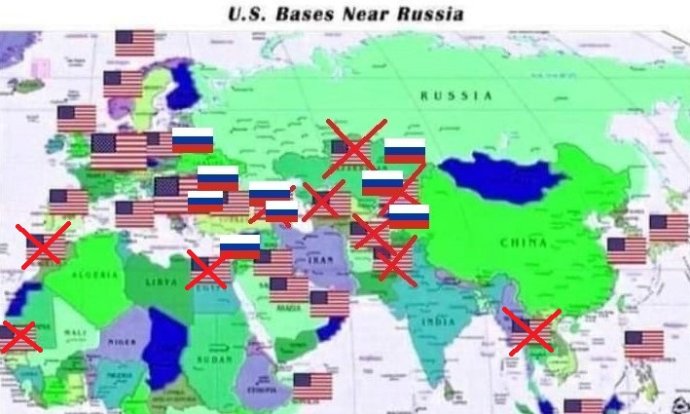 Znovu sa šíri mapka, ako Rusko údajne obkľúčili základne USA. Denník N dal krížik tam, kde základne USA nie sú, a, naopak, doplnil ruské základne mimo územia Ruskej federácie.