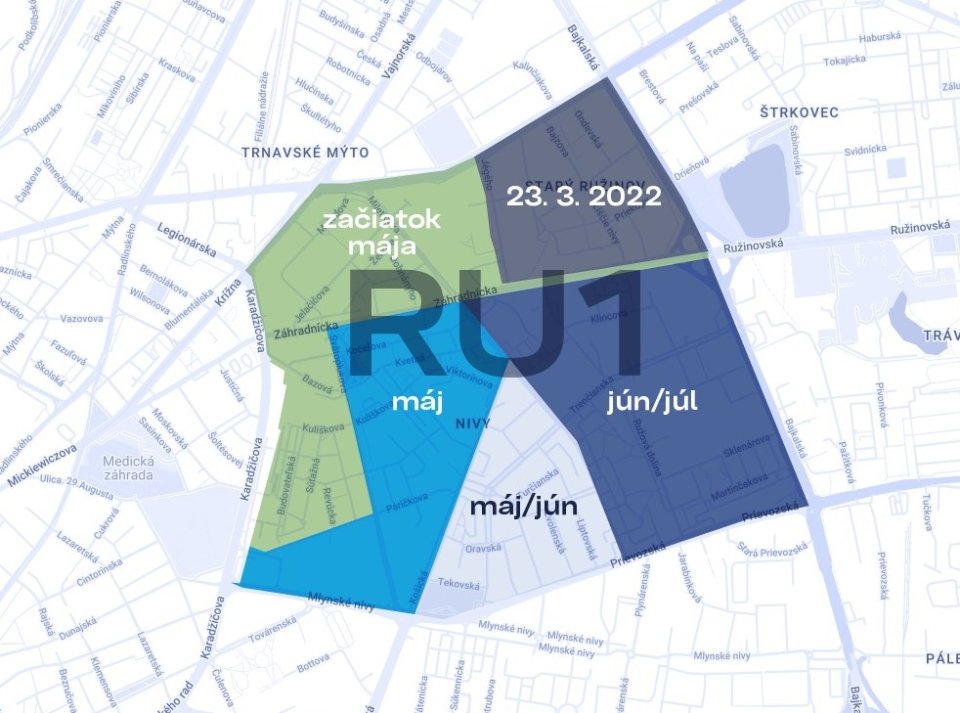 Mapa zavádzania nového parkovania v Ružinove. Mapa – mesto Bratislava