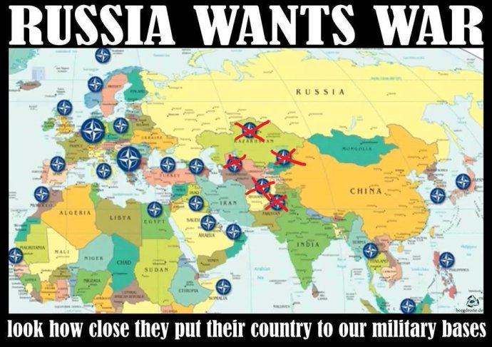 Niekoľko rokov sa Facebookom úspešne šíri mapka, ako NATO údajne obkľúčilo Rusko. Viaceré údajné základne sú v skutočnosti vymyslené, napríklad v Kazachstane či Kirgizsku nemá základne NATO, ale Rusko (červené krížiky sme dodali ex post).