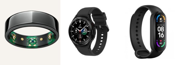 Zľava doprava: elektroprsteň Oura, „škridliny“ Samsung Galaxy Watch 4 Classic a „škrídrámek“ Xiaomi Mi Band 6. Foto – e-shopy výrobcov (raz, dva, tri)