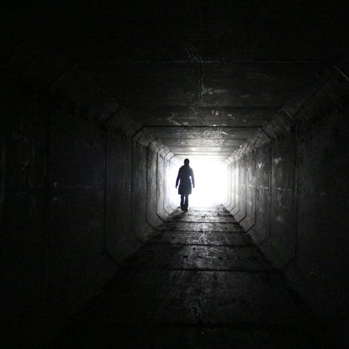 Silhouette in a long dark tunnel (People) tunnel,silhouette,fantasy,white,bright,lonely,shadow,black