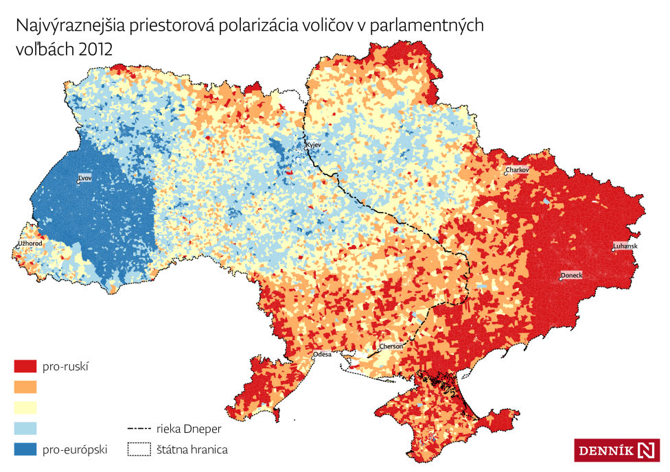 Kartogram zobrazujúci najsilnejšiu geografickú polarizáciu elektorátu v parlamentných voľbách 2012. Kartogram - Daniel Kerekes/Denník N