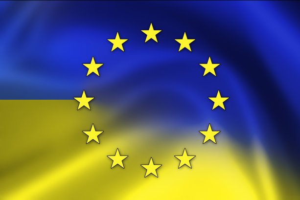 Waving Ukraine and European Union Flag. Collage