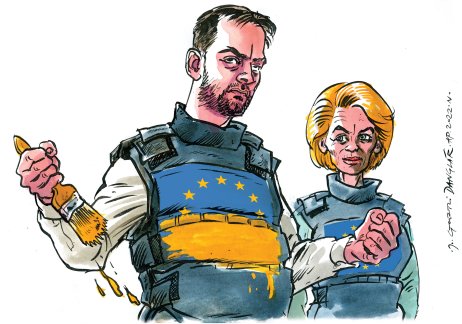 Karikatúra z 8. apríla 2022, keď premiér Eduard Heger vycestoval na Ukrajinu so šéfkou Európskej komisie Ursulou von der Leyen.