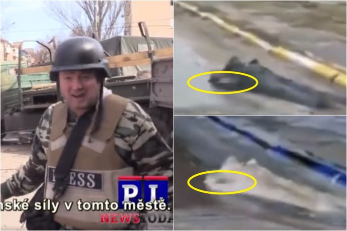 Vľavo: prokremeľský propagandista Patrick Lancaster vyrobil video, ktoré z civilných strát v Mariupole viní Ukrajincov. Vpravo video z mesta Buča (a jeho debunk), ktoré ukazuje, že údajný pohyb ruky bola kvapka na prednom skle.