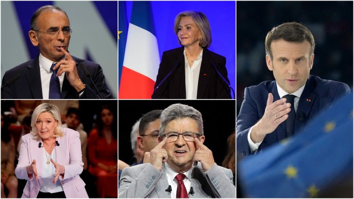 Francúzski prezidentskí kandidáti - Éric Zemmour, Marine Le Penová, Valérie Pécressová, Jean-Luc Mélenchon a prezident Emmanuel Macron, ktorý chce obhájiť svoj mandát. Foto - TASR/AP