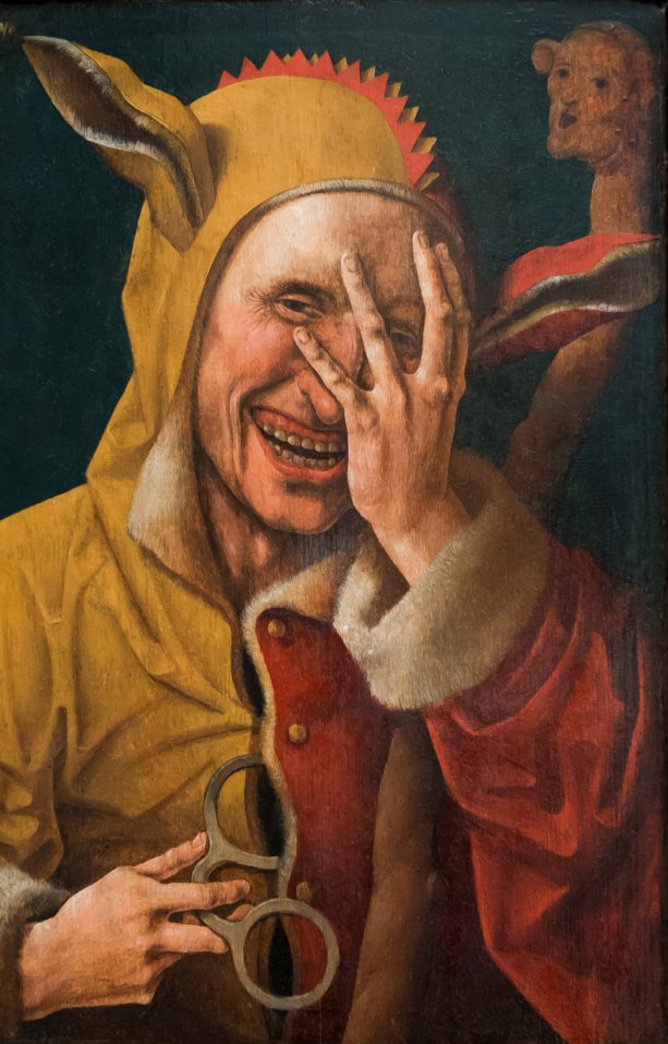 ("Laughing fool", predpokladný autor Jacob Cornelisz Van Oostsanen, zdroj: https://commons.wikimedia.org/wiki/File:Laughing_Fool.jpg)