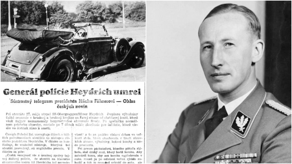 Heydrichovo auto po atentáte, správa o jeho úmrtí v Gardistovi a oficiálny portrét. Foto - Wikipédia a archív