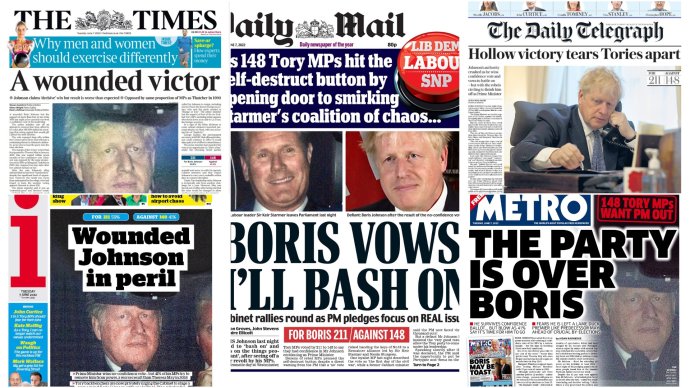 Titulné strany britských novín po pondelkovom hlasovaní. Koláž - Deník N