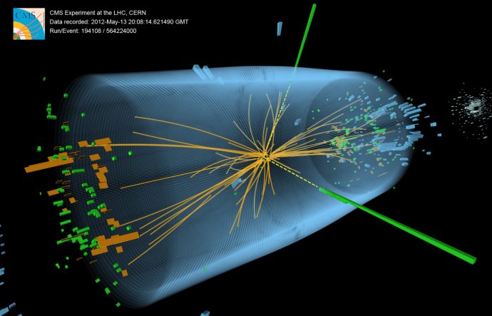Experiment na detektore CMS ukazuje fotóny (prerušované žlté čiary a dlhé zelené čiary) ako výsledok rozpadu Higgsovho bozónu. Foto – CERN/Collaboration CMS