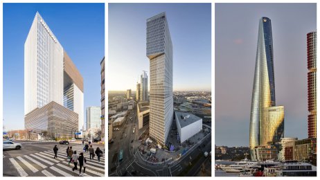 Tri príklady z longlistu Medzinárodnej ceny za výškové budovy. Foto – Time of Blue, CA Immo/Klaus Helbig, Tom Roe
