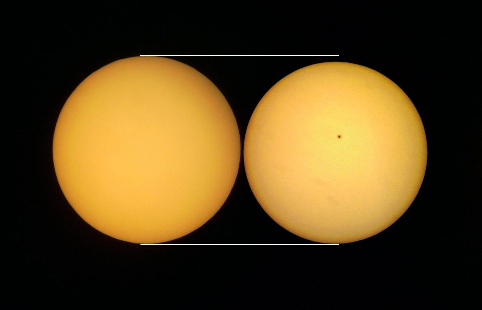 Összehasonlítás a napközel (bal oldal) és a naptávol (jobb oldal) napkorong-méretei közt. Kép - APOD/NASA/ENRIQUE L CERVIGON
