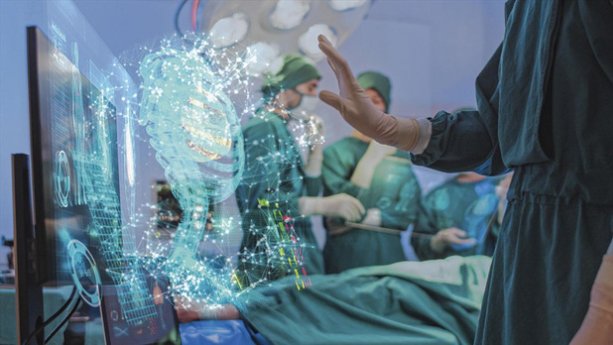 Doctor using hologram modern virtual screen interface Respiratory System in the operating room, innovative and future of medical and healthcare technology