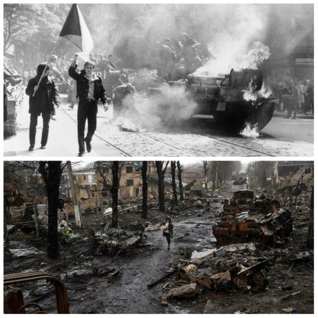 Rok 1968 a invázia v Československu, rok 2022 a invázia na Ukrajine. Foto – TASR, TASR/AP