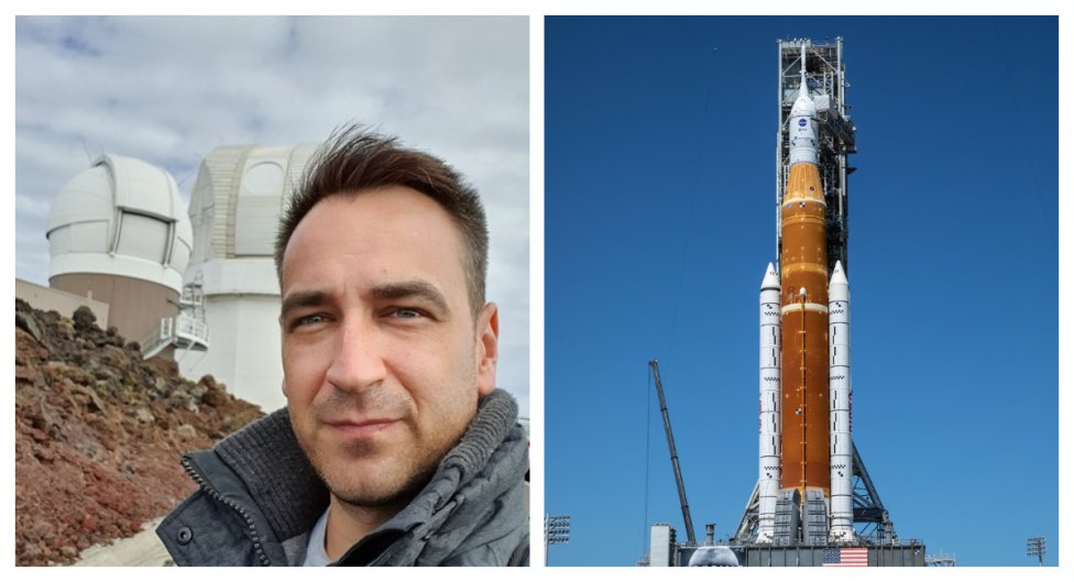 Vľavo astronóm Jiří Šilha z UK v Bratislave, vpravo raketa SLS pripravená na sobotný štart misie Artemis I. Foto – archív Jiřího Šilhu a AP/NASA