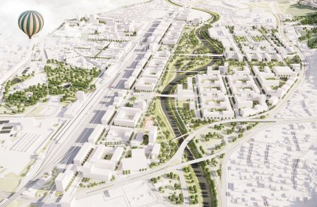 Víťazný urbanistický návrh nového centra Košíc (vpravo od železnice). Vizualizácia – gogolák + grasse