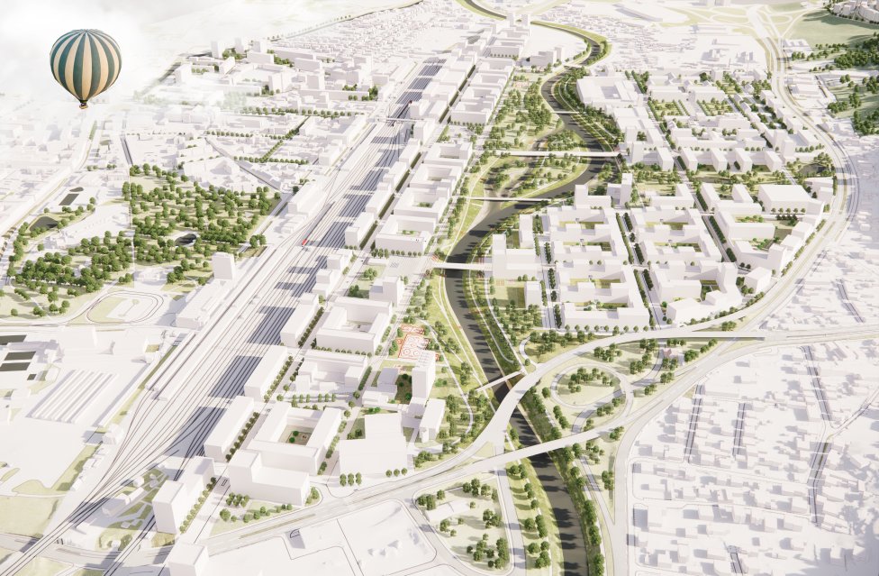 Víťazný urbanistický návrh nového centra Košíc (vpravo od železnice). Vizualizácia - gogolák + grasse