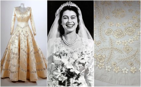 Kráľovná Alžbeta II., svadobné šaty a detail závoja. Foto – Royal Collection Trust