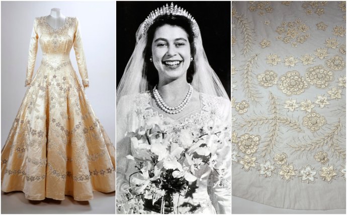 Kráľovná Alžbeta II., svadobné šaty a detail závoja. Foto - Royal Collection Trust