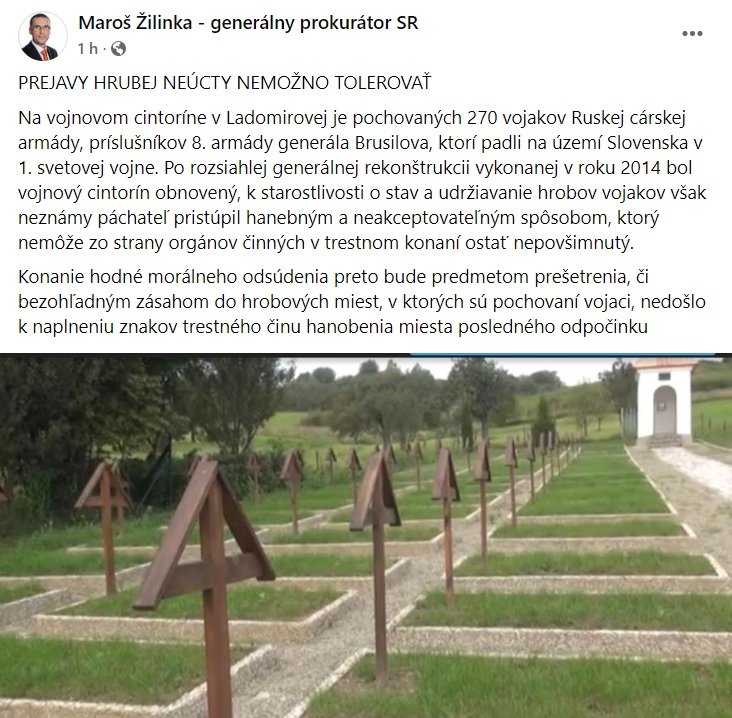 Status Maroša Žilinku zo septembra, kedy žiadal prípad vojenského cintorína v Ladomirovej prešetriť. Foto - Facebook Maroša Žilinku